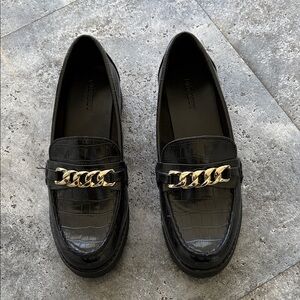 Black Croc-Embossed Loafers with Chain